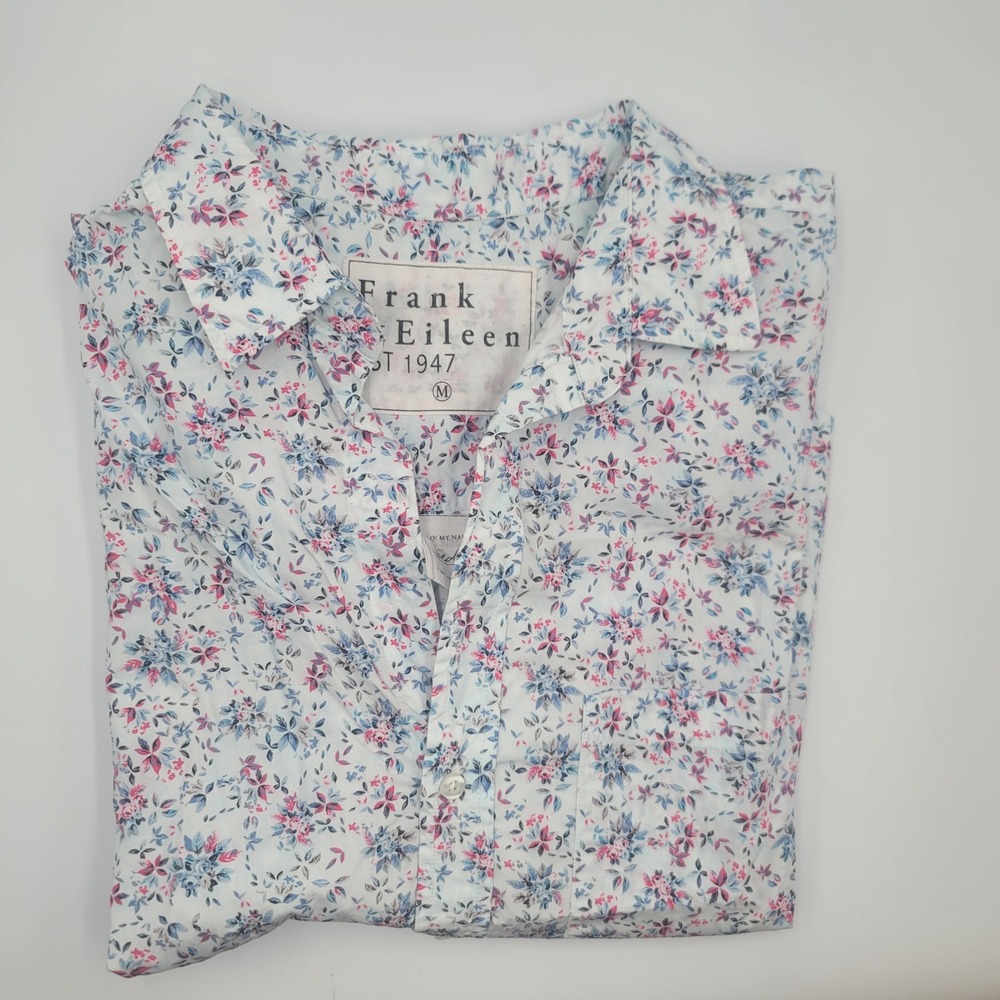 Frank & Eileen Joely Floral Button Down Shirt White Blue Pink Woven in Italy M